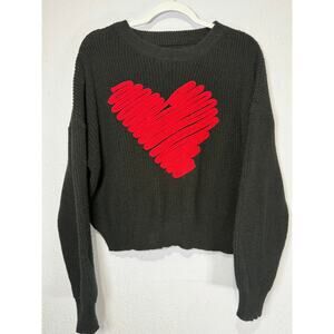 Black Cropped Heart Sweater Coquette Indie Grunge Soft M Romantic Chunky Knit